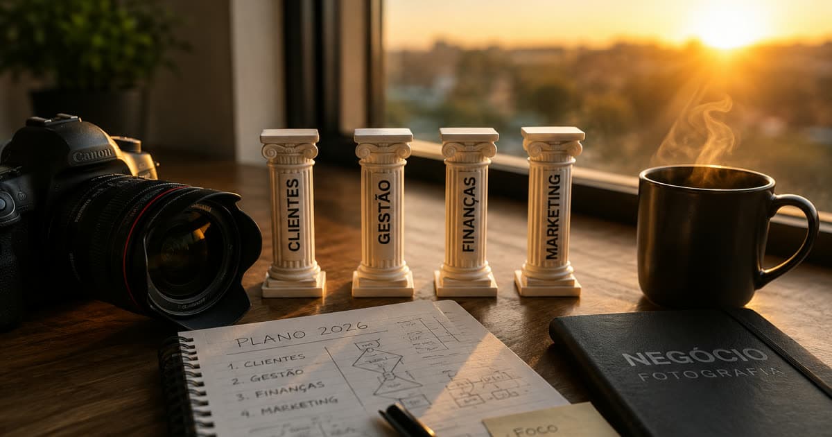 Mesa de trabalho de fotógrafo profissional ao entardecer com câmera Canon, caderno de anotações "Plano 2026" e quatro colunas gregas em miniatura representando os pilares Clientes, Gestão, Finanças e Marketing